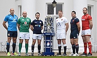 The 6 Nations captains line up alongside the RBS trophy