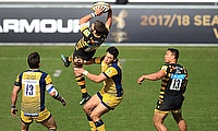 Worcester's Bryce Heem, centre, was sent off for this tackle on Wasps back Willie Le Roux