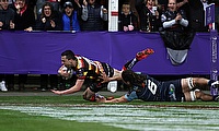 Gloucester's Tom Marshall scores a try during the European Challenge Cup quarter final win over Cardiff Blues at Kingsholm.