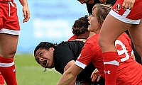 New Zealand's Aldora Itunu grounds the ball for her side's second try against Canada