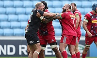James Haskell, left, clashes with England team-mate Joe Marler