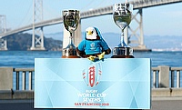 ugby World Cup Sevens 2018 mascot Rookie and the two trophies at the captains' photo at Cupid's Span in San FranciscoRugby World Cup Sevens 2018 masco