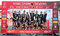New Zealand players celebrate the Cup Final win over Australia on day three of the HSBC World Rugby Women's Sevens Series in Sydney
