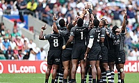 Fiji team huddle abetter the cup semi final game against USA on day two of the HSBC World Rugby Sevens Series at Twickenham Stadium