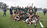 South Africa players celebrate with their bronze medals after beating Argentina 41-16 in their third place play-off at the Racecourse Stadium in Rosar