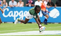 South Africa's Seabelo Senatla dots down a try against Samoa in their Cup semi-final on day three of the Emirates Airline Dubai Rugby Sevens 2019 men'