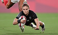 New Zealand's Michaela Blyde dives in for one of her three tries against Team GB on day one of the Tokyo 2020 Olympic Games