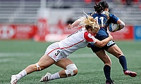 England's Abi Burton tackles against Japan's on day two of the HSBC Canada Women's Sevens at Starlight Stadium on 1st May