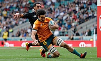 Australia's Henry Paterson scores a try against New Zealand on day two of the HSBC London Sevens at Twickenham Stadium