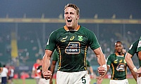 South Africa's James Murphycelebrates a try against Australia on day one of the Dubai Emirates Airline Rugby Sevens at The Sevens Stadium
