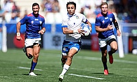 Ange Capuozzo of Italy breaks forward to score his side's fourth try during the Rugby World Cup France 2023 match between Italy and Namibia