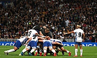 A general view of the inside of the stadium as players of Namibia scrum against players of New Zealand