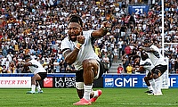 Waisea Nayacalevu of Fiji leads his teammates as players of of Fiji perform the Cibi prior to the Rugby World Cup against Australia