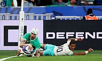 Mack Hansen of Ireland scores his team's first try during the Rugby World Cup game against South Africa