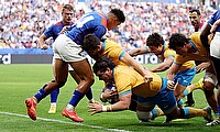 German Kessler of Uruguay scores his team's first try during the game against Namibia