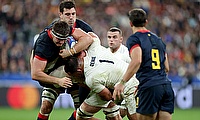 Pedro Rubiolo of Argentina is tackled by Ellis Genge of England during the Rugby World Cup