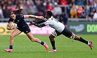 Emma Orr of Scotland is tackled by Nunia Daunimoala of Fiji during the Women's Rugby World Cup 2025 Pool B match between Scotland and Fiji