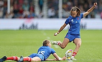 Lina Queyroi of France kicks a conversion during the Women's Rugby World Cup 2025 Pool D match between France and Brazil at Sandy Park