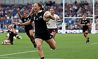 Renee Holmes of New Zealand runs with the ball to go on and score a try which is later disallowed following a TMO review