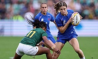 Morgane Bourgeois of France attempts to evade the tackle from Maceala Samboya of South Africa