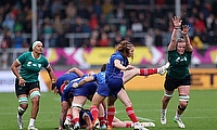 Pauline Bourdon Sansus of France kicks the ball clear from a ruck