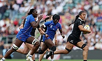 Liana Mikaele-Tu'u of New Zealand breaks away from Madoussou Fall Raclot of France during the Women's Rugby World Cup 2025 Bronze Final