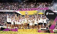 Red Roses lift the Rugby World Cup Trophy