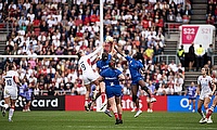 England & France contest for the high ball during the WRWC semi final
