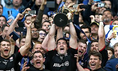 Saracens lift the Champions Cup trophy after defeating Racing 92