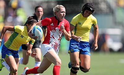 Great Britain's Natasha Hunt, who scored two tries, in action against Brazil at Deodoro Stadium