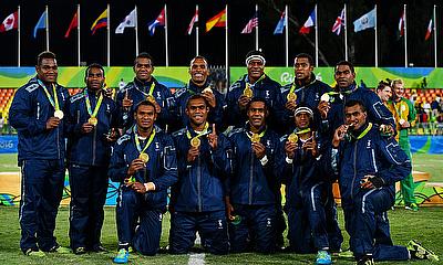 Fiji Sevens side with their Olympic Gold medals