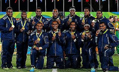 Fiji team with their gold medal in the Rugby 7s at Rio Olympics