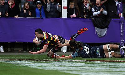 Gloucester's Tom Marshall scores a try during the European Challenge Cup quarter final win over Cardiff Blues at Kingsholm.