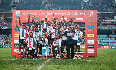 Fiji Sevens team celebrating the win in Hong Kong