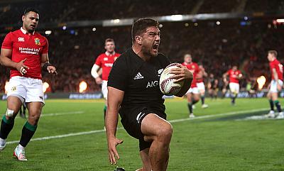 Codie Taylor celebrates scoring New Zealand's opening try