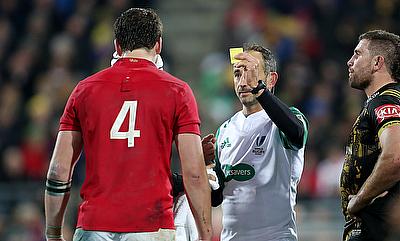 British and Irish Lions lock Iain Henderson is yellow-carded during the game against the Hurricanes