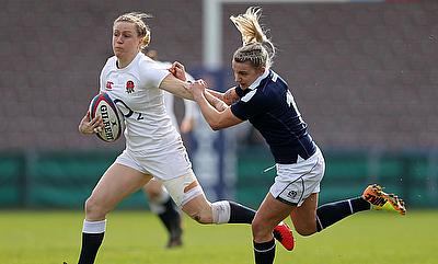 Danielle Waterman, left, scored a hat-trick of tries for England