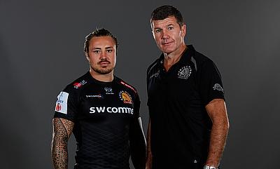 Jack Nowell (left) and Rob Baxter during the launch