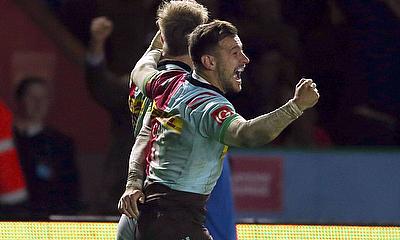Danny Care celebrates the Quins win at the Stoop
