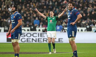 Jonny Sexton celebrates the winning drop-goal against France (Round 1)