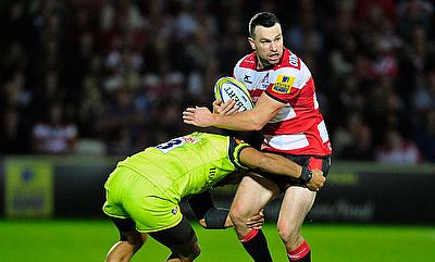 Gloucester’s Tom Marshall is tackled by Leicester Tigers Greg Bateman during the Aviva Premiership match at the Kingsholm Stadium, Gloucester.