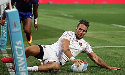 England's Mike Ellery slides in for a try against Samoa on day one of the Rugby World Cup Sevens 2018 at AT&T Park in San Francisco