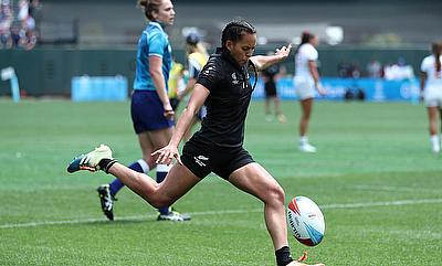 New Zealand's Tyla Nathan-Wong kicks off a conversion against USA on day two of the Rugby World Cup Sevens 2018 at AT&T Park in San Francisco