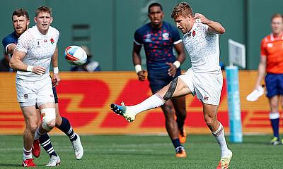 England captain Tom Mitchell kicks a cross-field kick against USA on day two of the Rugby World Cup Sevens 2018