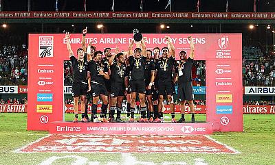 New Zealand men's team celebrating their success at Dubai 7s