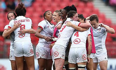 USA players celebrate the win over Russia on day two of the HSBC World Rugby Women's Sevens Series in Sydney