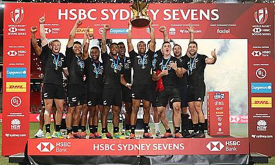New Zealand players celebrate the Cup Final win over USA on day two of the HSBC World Rugby Sevens Series in Sydney