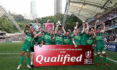 Ireland 7s celebrating their win in the Men's Qualifiers