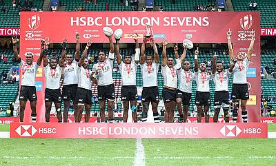 Fiji celebrate the cup final win over Australia on day two of the HSBC World Rugby Sevens Series at Twickenham Stadium in London