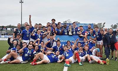 France players celebrate after beating Australia 24-23 in the World Rugby U20 Championship 2019 final at the Racecourse Stadium in Rosario